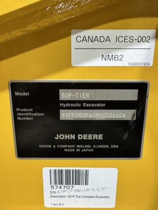 50 P TIER EXCAVATOR GEN A W/ HYD THUMB - Cab w/ AC; Long Arm; Rubber Pads; Hydraulic Thumb; w/ Blade