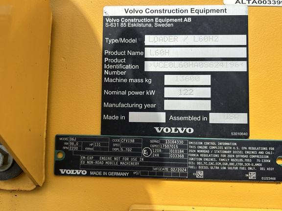 2024 VOLVO L60H - Cab w/ AC, Fingertip Controls; General Purpose Bkt; Options: Rear Camera, Ride Control