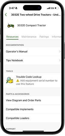 Resources tab for the 3032E Tractor in the Equipment Mobile app