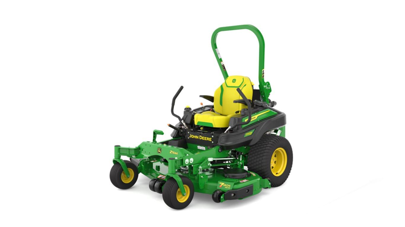 Front-left view of a green riding lawn mower with a yellow seat, black wheels, and various controls.
