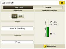 Customizable tank level alarms - view tank 1, tank 2 and total seed volume on G5 Display