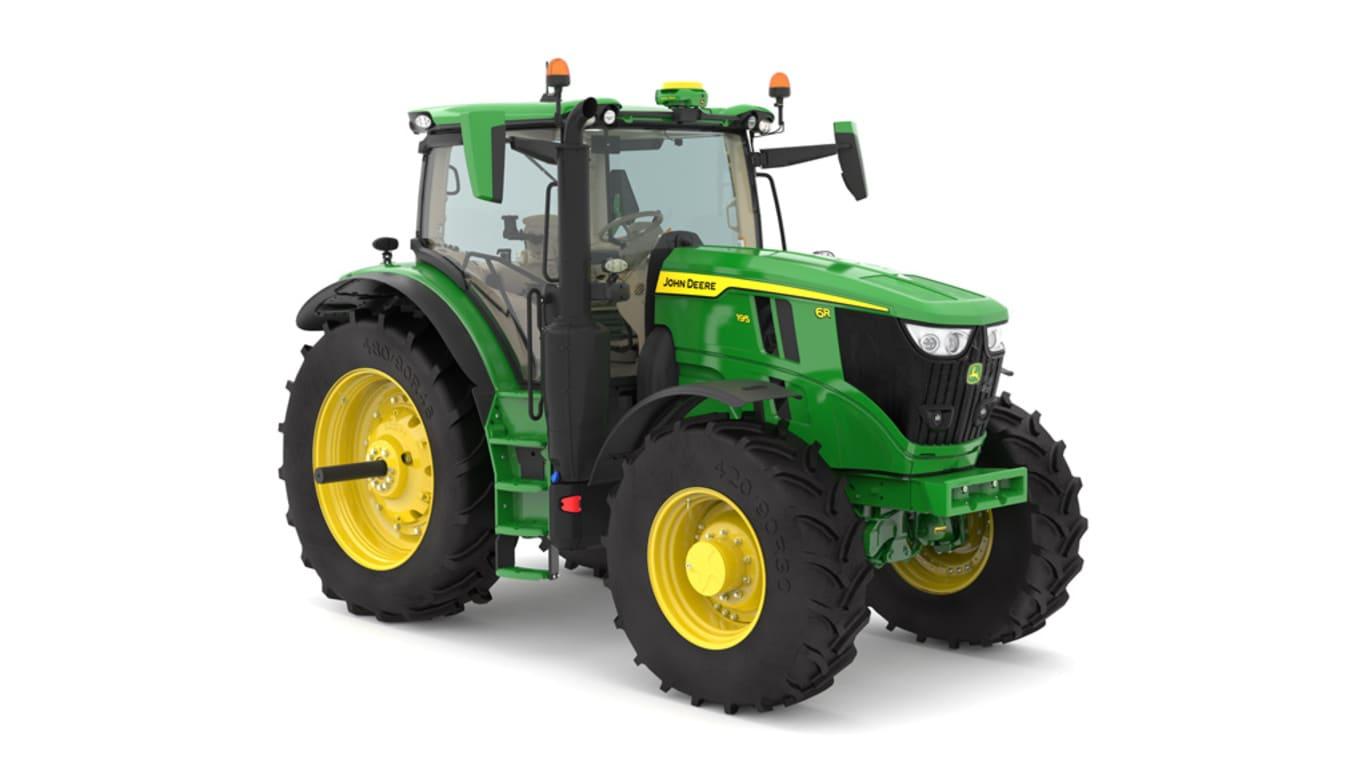 Studio image of the front right side view of a green 6R 195 Row Crop Tractor.