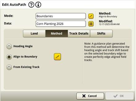 Use a simple heading angle, align to boundary, or an existing track to build in-field guidance lines
