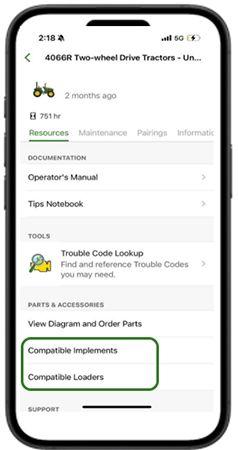 View compatible implements and loaders in the Equipment Mobile app