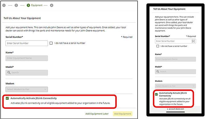 Web and mobile-web view of Automatically Activate JDLink Connectivity