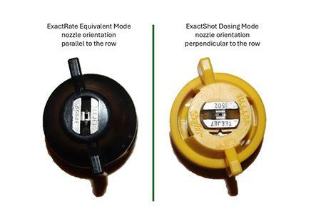 ExactRate Equivalent Mode Continuous nozzle tip compared to an ExactShot Dosing Mode nozzle tip