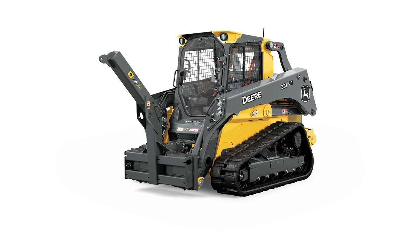 John Deere compact track loader equipped with an MB60 material boom attachment on a white background