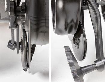 Front view (left) and side view (right) of press wheel
