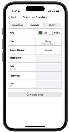 Grain Loss Calculator in the Equipment Mobile app