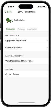 Resources tab for the 560M Round Baler in the Equipment Mobile app