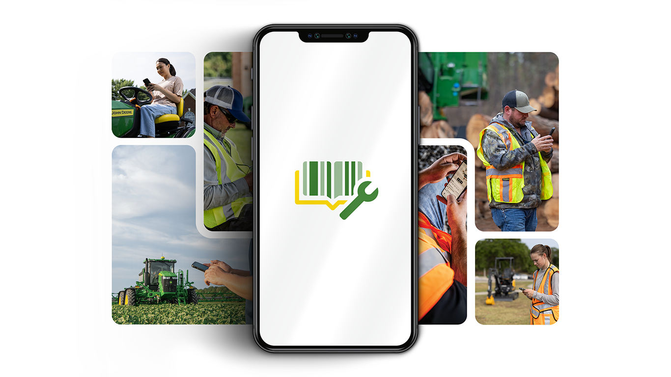 Phone with book and wrench icon, surrounded by people using machinery in different settings.