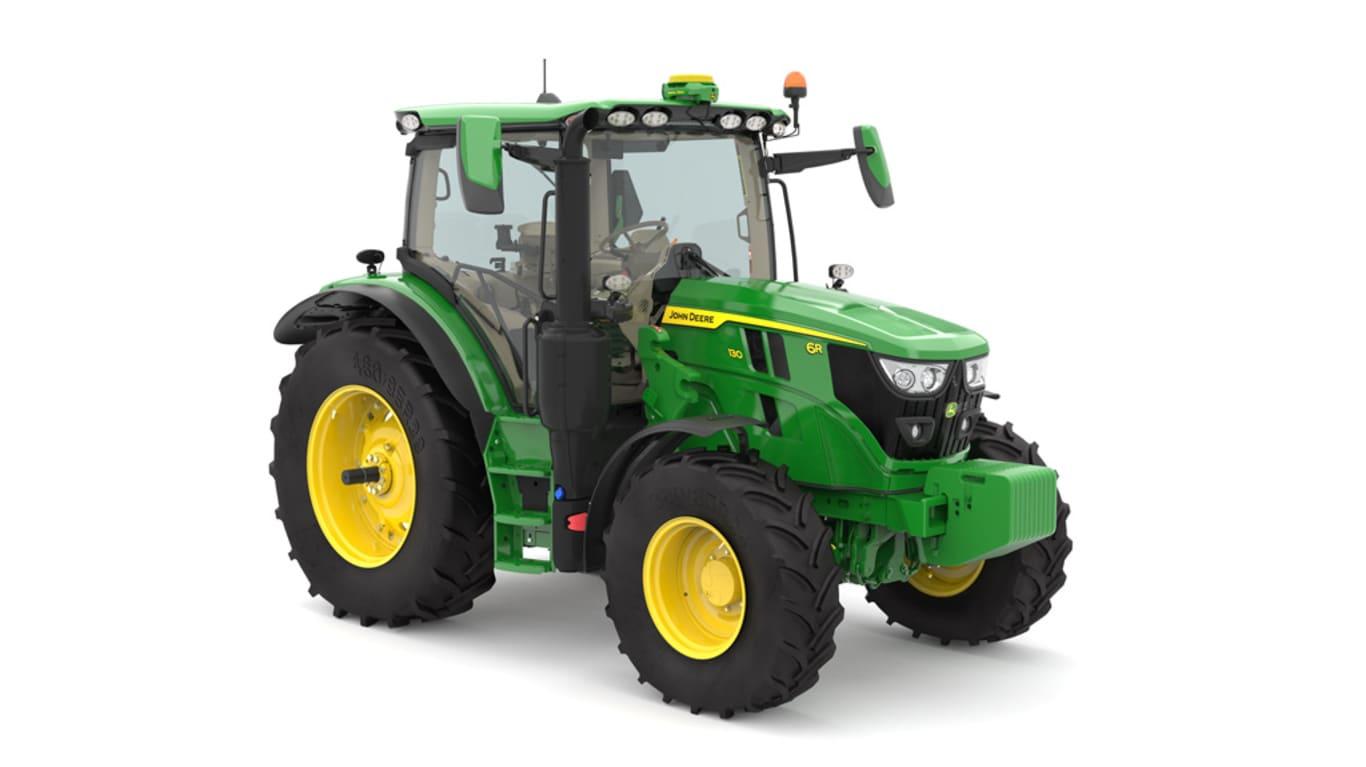 Studio image of the front right side view of a green 6R 130 Utility Tractor.