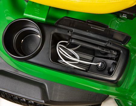 Cup holder and covered storage compartment with USB Type-C power port
