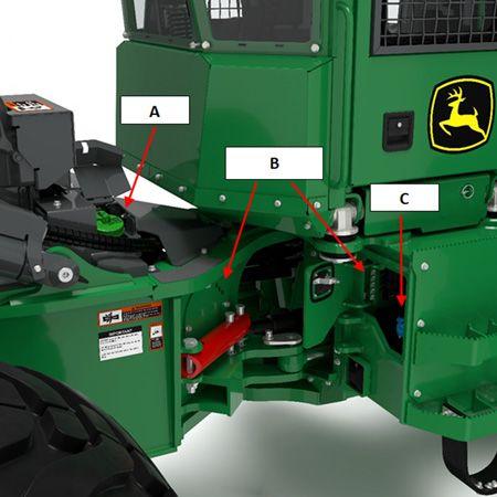 Fuel and diesel exhaust fluid (DEF) fills located on the same side of the machine. Grease banks are also located near the DEF fill.