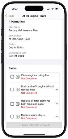 Maintenance plan screen