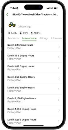 Maintenance tab for the 8R Tractor in the Equipment Mobile app