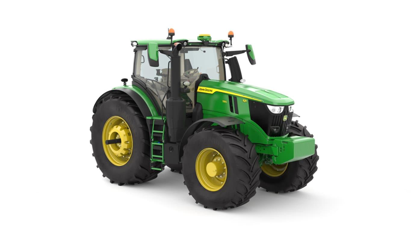 Studio image of the front right side view of a green 6R 230 Utility Tractor.