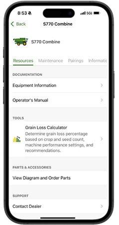 Resources tab for the S770 Combine in the Equipment Mobile app
