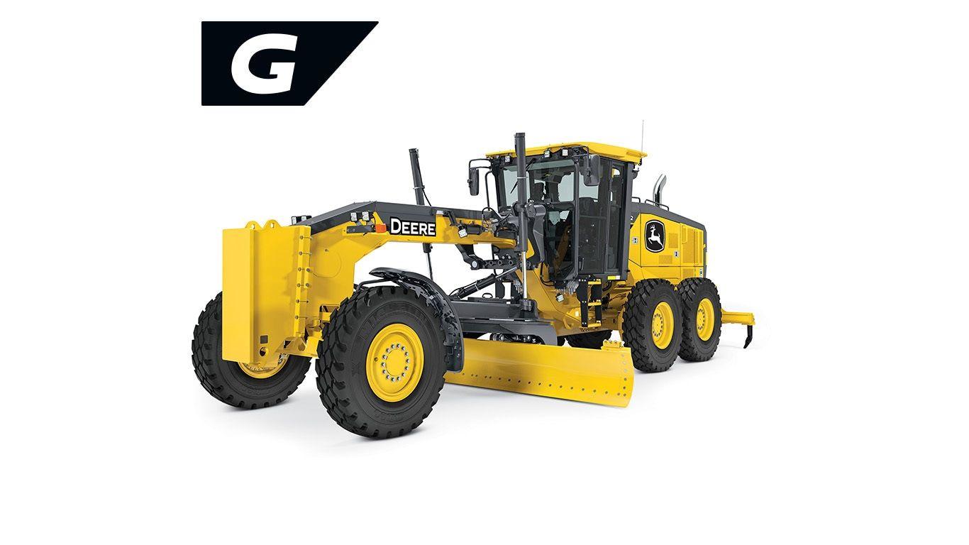 Yellow John Deere motor grader with six tires and front blade for road grading.