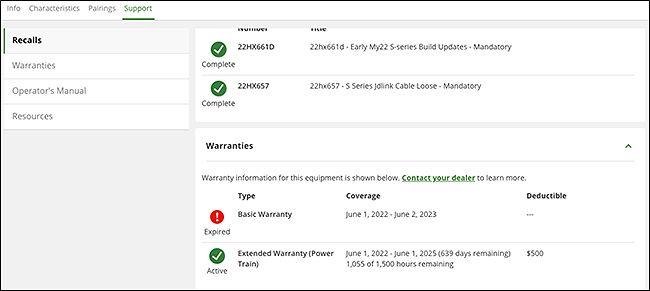 Warranty and recall information in Equipment in Operations Center