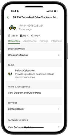 Resources tab for the 8R Tractor in the Equipment Mobile app
