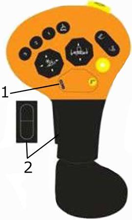 Multifunction control lever for S600 Combines – button placement (1) and the nudge button (2)