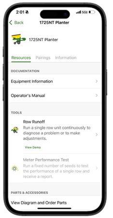 Resources tab for the 1725NT Planter in the Equipment Mobile app