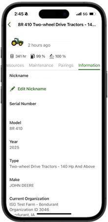 Information tab for the 8R Tractor in the Equipment Mobile app