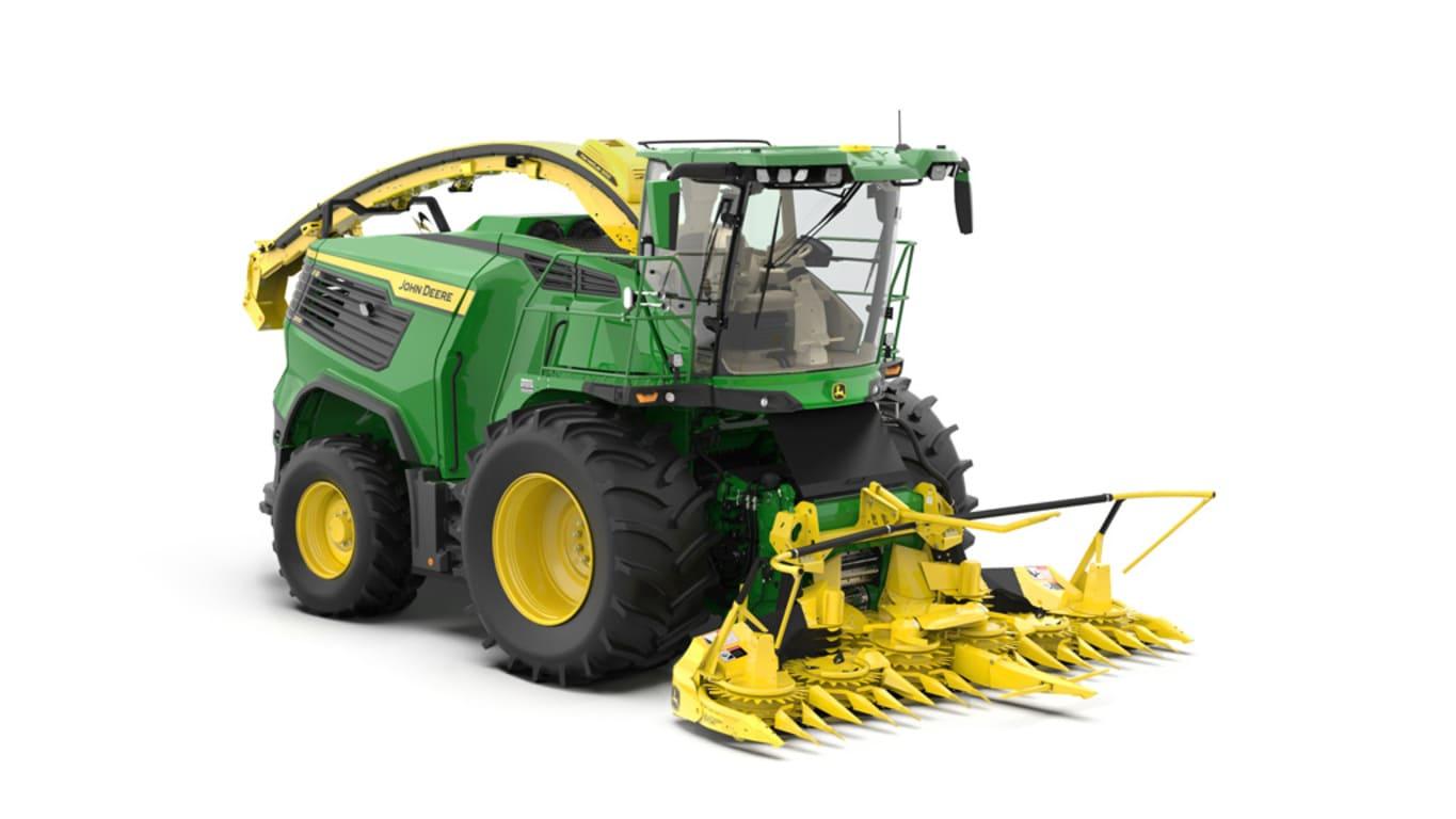 A front-right-facing green F8 200 self-propelled forage harvester with a yellow header on a white background.
