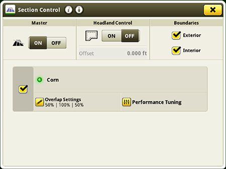 Section Control boundary settings in the display