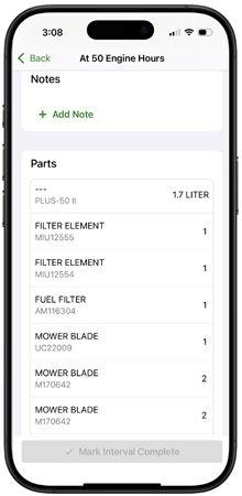 Maintenance parts and notes screen
