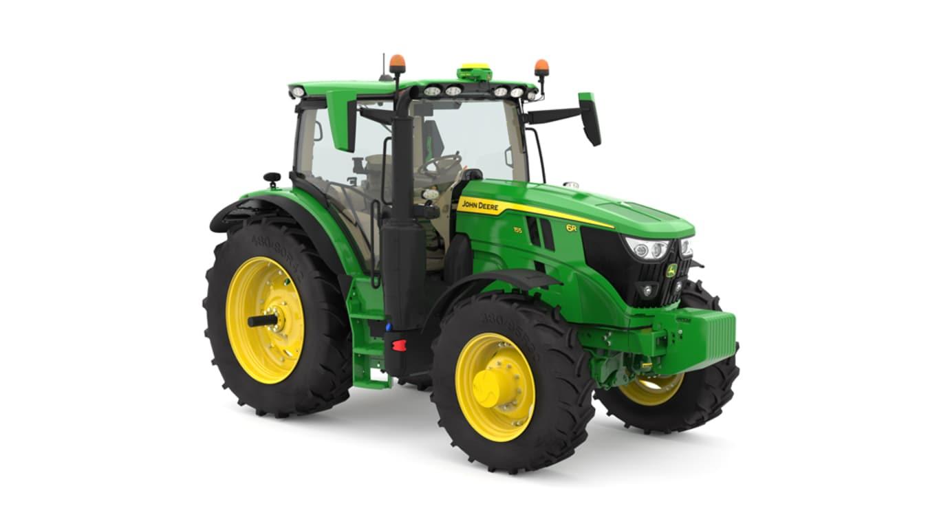 Studio image of the front right side view of a green 6R 155 Row Crop Tractor.