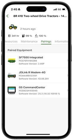 Pairings tab for the 8R Tractor in the Equipment Mobile app