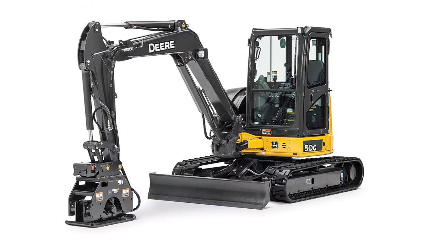 A 50G Compact Excavator with a Plate Compactor attachment