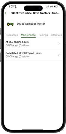 Maintenance tab for the 3032E Tractor in the Equipment Mobile app