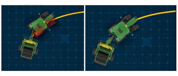 Baler with fixed hitch vs. baler with Weave Automation engaged.